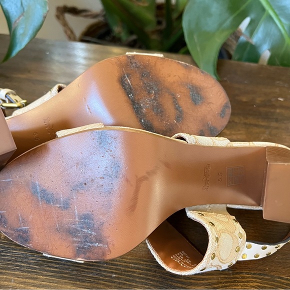 Coach Rylie Beige C Monogram Fabric Studded Leather Block Sandal Heels - Picture 10 of 12